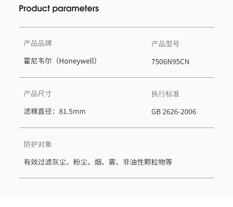 霍尼韦尔（Honeywell） 7506N95CN 长效颗粒物过滤棉 (KN95级别、工业防粉尘、防非油性颗粒物)